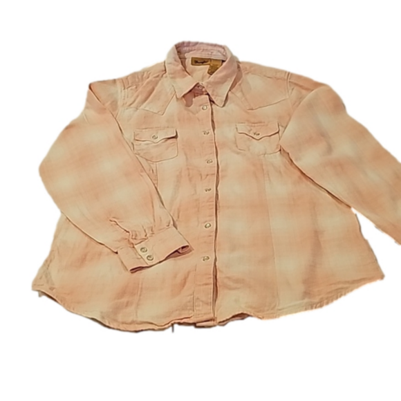 Wrangle Tops - Wrangle retro pink plaid flannel pearl snap shirt Womans large  good condition